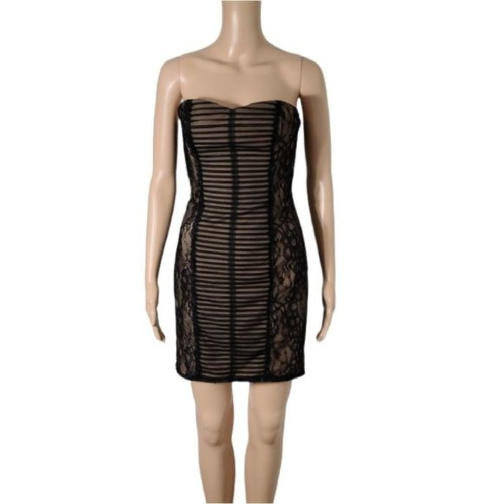 BCBGMaxAzria Black Strapless Lace & Sheer Panel Mini Dress